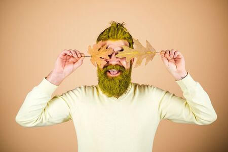 Autumn time for fashion. Happy man playing with leaves. Autumn and leaf fall dreams. Autumn leaves. Autumn man with autumnal mood.の写真素材