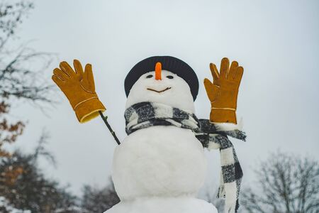 Merry Christmas and Happy new year. Winter background with snowflakes and snowman. Snowman wish you...