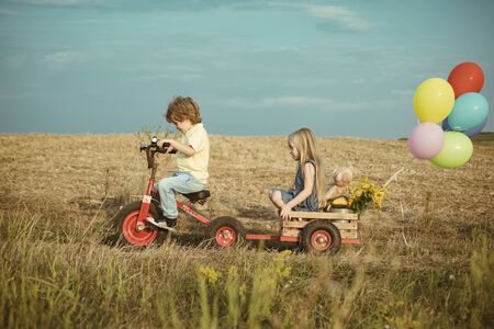 Active toddler kid playing and cycling outdoors. Children farmer in the farm with countryside background. Cute toddler girl and boy working on farm outdoors. Children enjoy in farm. Earth day.の写真素材