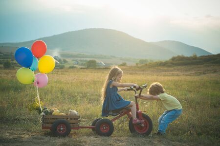 Childhood concept. American farm life. Springtime on the ranch. Two young farmers. Childhood on countryside. Active children concept. Ecology concept child. Toddler ageの写真素材