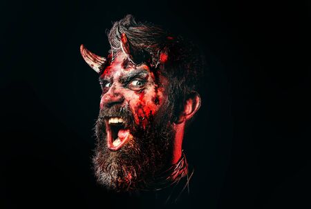 Halloween 31 October. Halloween Scene with bloody man devil. Halloween Devil with bloody...