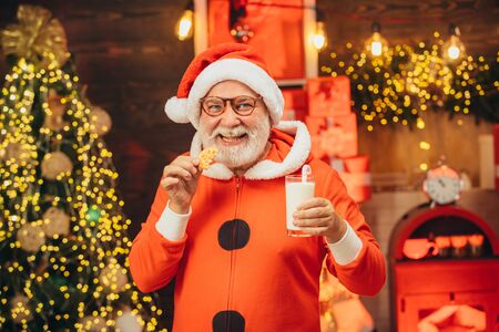 Santa Claus holding Christmas cookies and milk against Christmas tree background. Cookies for Santa Claus. Santa Claus enjoying in served gingerbread cake and milk.の写真素材