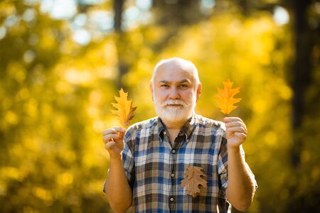 Portrait of senior man in the autumn park. Happy senior man. Portrait of a senior autumn man outdoors. Senior man hiking in autumn parkの写真素材