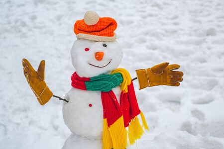 Snowman and snow day. Snowman in a scarf and hat. Greeting snowman. Merry Christmas and Happy Holidays. Snowman in snow forest.の写真素材