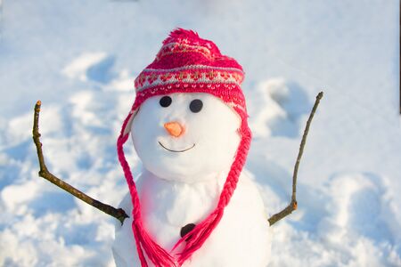 Funny snowman with a carrot instead of a nose and in a warm knitted hat on a snowy meadow on a blurred snow background. The morning before Christmas. New Year greeting card.の写真素材
