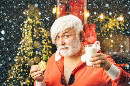 Man in snow. Santa Claus enjoying in served gingerbread cake and milk. Cheerful Santa Claus holding glass with milk and cookie with fireplace and Christmas Tree in the background.の写真素材