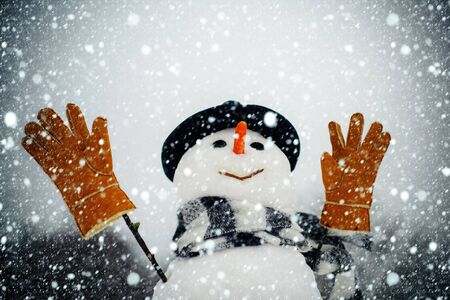 Snowman in a scarf and hat. Snowman wish you Merry Christmas and Happy Holidays. Snowman in snow forest. Happy funny snowman in the snow. Christmas sale discountsの写真素材
