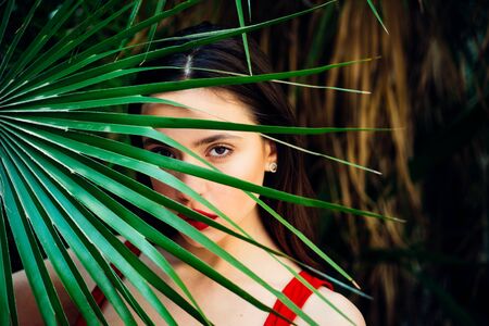 Sexy beautiful woman hiding behind the palm leaves. Sensual model girl with smooth skin and makeup....