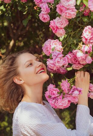 Pink rosebush blooming. Happy woman walking at rose garden. Relaxing and happiness concept. Young smiling girl enjoys pink rose flowers. Flowers of pink rose.の写真素材