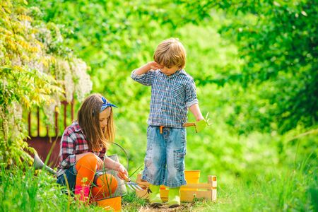 Childhood on countryside. Happy childhood concept. Daughter and son working in the farm. Children farmer concept.の写真素材