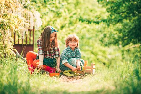 Happy childhood concept. Daughter and son working in the farm. Planting flowers. Childchood and outdoor leisure concept.の写真素材