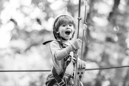 Cargo net climbing and hanging log. Portrait of a beautiful kid on a rope park among trees. Rope...