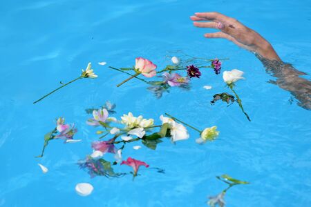Flowers blooming in a swimming pool. Aroma therapy and incredible smell of flowers. Woman hand in...