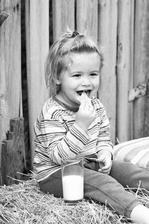 Child with cookies and milk. Kid with haystacks. Child play outdoors. Happy moments. Little child enjoy walk. Portrait of happy smiling child girl on nature background.の写真素材