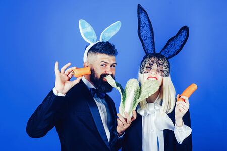 Cute bunny rabbit couple. Easter bunny dress. Happy easter egg couple. Funny easter.