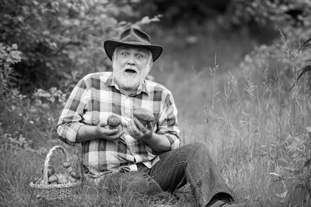 Grandfather with basket of mushrooms and a surprised facial expression. Mushrooming in forest,...