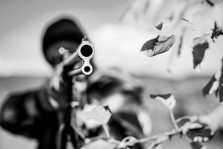 Hunting Licenses. Hunter with shotgun gun on hunt. Autumn hunting season. Poacher with Rifle...