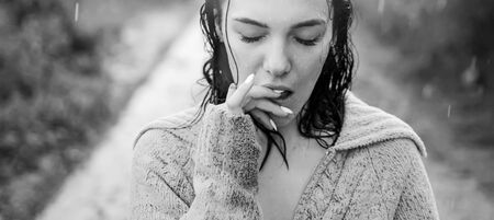 Love story. Sexy young wet woman. Love. Passion, beautiful girl. Woman in love.の写真素材