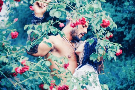 Blooming love. Sensual couple in ove in spring day.Couple in french kiss. Sensual embrace couple kiss. Couple In Love. Romantic and love. Passion and sensual touch.の写真素材