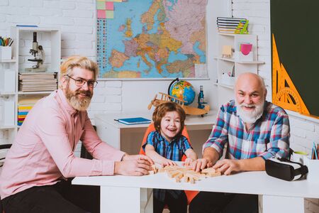 Parenting childhood values weekend. Grandfather father and pupil son smiling against home...