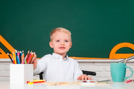 Educational process. Education. Kid gets ready for school. Chalkboard copy space. Learning and...