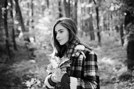 Outdoors lifestyle fashion portrait of pretty young woman walking on the autumn park. Outdoor atmospheric fashion photo of young beautiful lady in autumn landscape.の写真素材