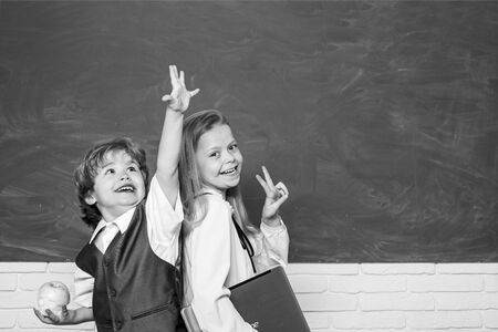 Kids gets ready for school. Couple of little girl and boy in classroom. Schoolgirl helping pupils studying at desks in classroom. Happy school kids. Apple and books - school concept.の写真素材
