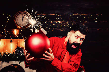 Funny Santa wishes Merry Christmas and Happy new year. Sparkle blast. Hipster Santa claus. Bomb text...