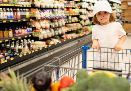 Cute boy child with shopping trolley with products. Funny child with shopping trolley with in grocery store.の写真素材