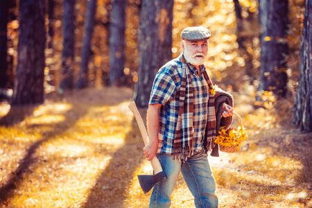Old tourist explore forest. Summer camping. Old bearded man with axe. Old bearded man outdoors. Aged...