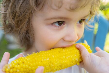 Close up of adorable child eating sweet corn. Boy child eating yellow corn with bare chest and funny...