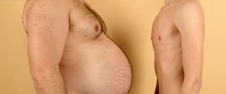Fat vs slim man, obese men. Skinny torso vs fat men stomach.