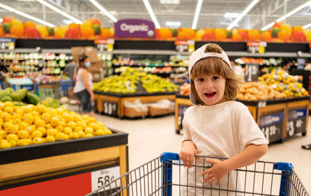 Child with shopping cart full of fresh organic vegetables and fruits standing in grocery department of food store or supermarket. Supermarket, Shopping with Child.の写真素材