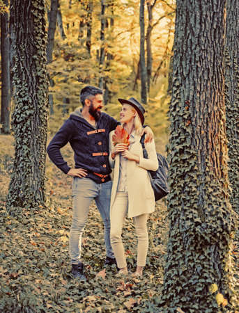 Pretty woman and handsome man walking in the Park and enjoying the beautiful autumn nature. Autumn couple on fall nature background. Passion dating and love.の写真素材