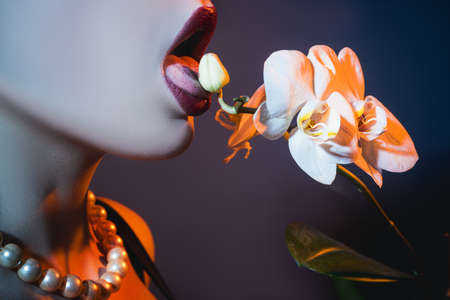 Female lips. Girls sexual lips. Night flirt, and blowjob. Sexy female lips and gesture oral sex. Sensual womens open mouths. Sexy kiss, sensual seductive lips of a young woman.の写真素材