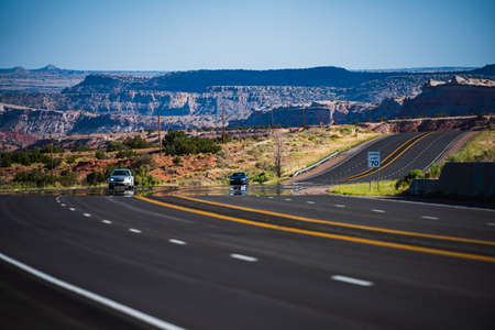 Panoramic picture of a scenic road, USA. Endless straight, Route 66.