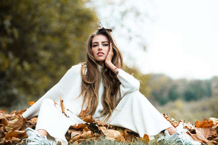 Autumn portrait of fashion girl. Outdoor beauty portrait woman, vogue model, street style.