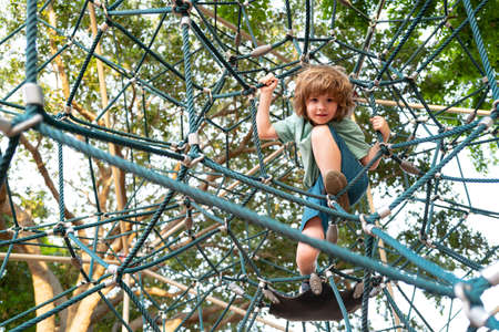 Funny kids, healthy teenager school boy enjoying activity in a climbing adventure park on a summer day. Boy climbing ropes.の写真素材