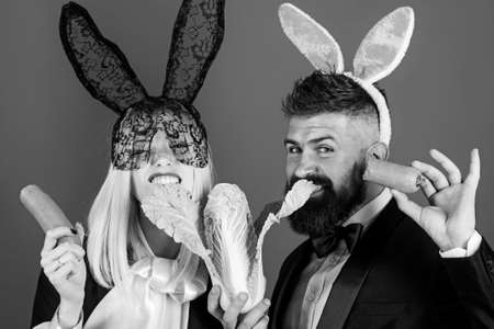 Cute bunny rabbit couple. Easter bunny dress. Happy easter egg couple. Funny easter.の写真素材