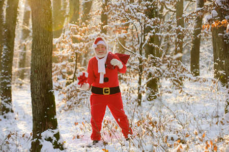 Santa Claus hold Christmas gift and comes in the snow forest.の写真素材