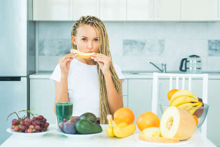Vegan meal and detox menu. Eco lifestyle. Fitness and dieting. Healthy summer eating. Perfect body and calorie. Healthy diet smoothie breakfast food. Healthy eating concept.の写真素材