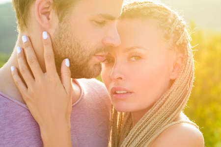 Sensual couple kissing lips. Kiss each other, enjoying tenderness and intimacy.
