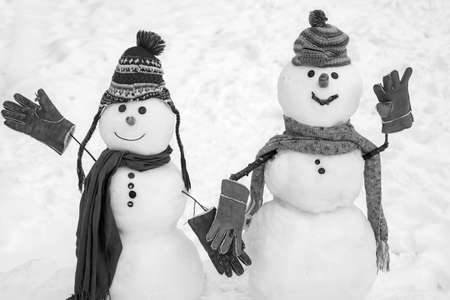 Winter scene with snowman on white snow background. Intimate moments for happy snowman lovers....