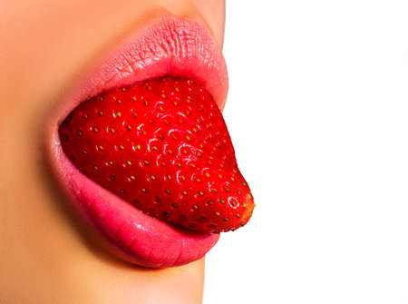 Sexy strawberry tongue, erotica. Woman mouth, passion lick and sensual suck. Summer cocktail.の写真素材