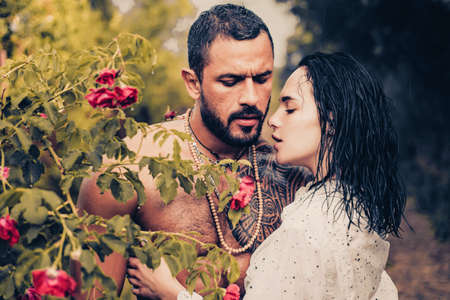 I Love You. Couple In Love. Sensual couple kiss. Romantic and love concept. Hugs together and sensual touch. Passionate woman with muscular latin lover. Passion desire.の写真素材