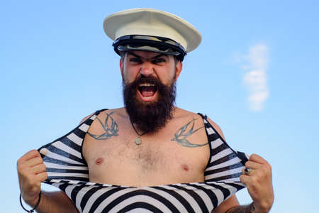 Funny excited captain. Expression face or sailor on sky background. Seaman or Pirate.