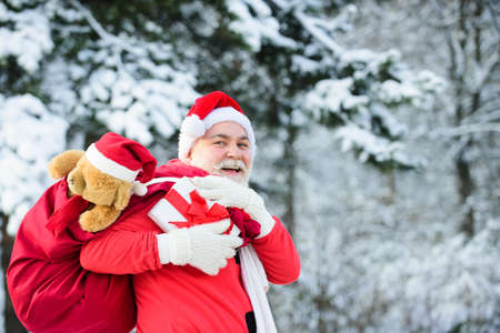 Funny Santa with Gift on Christmas Eve outside on fir snowy branch background.の写真素材
