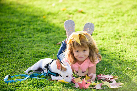 Happy child boy and his dog lying on the grass together. Kid hugging his pet smiling. Summer animals lifestyle.の写真素材