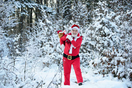 Santa Claus walking to the winter forest with a bag of gifts, snow landscape. Happy New Year. Postcard, greeting card.の写真素材