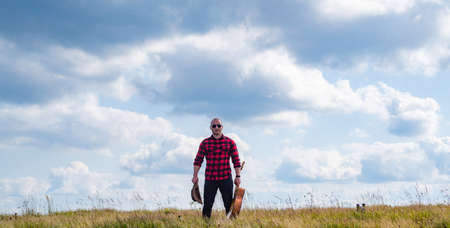 Man on camping holiday. Space for text. Travel, tourism, hike and people concept.